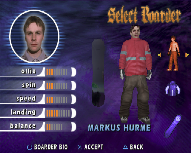 Shaun Palmer's Pro Snowboarder (PlayStation 2) screenshot: There are many boarders available within the game, these can be selected, customised and used