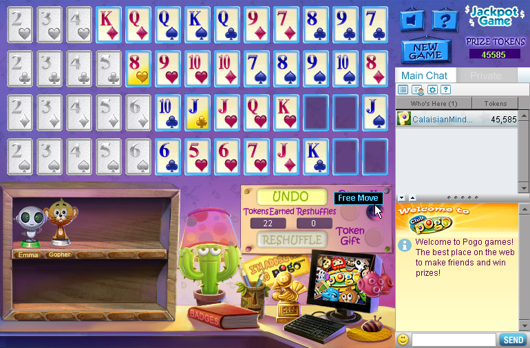 Pogo Addiction Solitaire (Browser) screenshot: I can use a free move to get me out of this pinch.