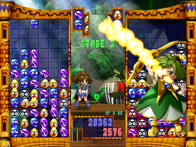 Puyo Puyo~n (Dreamcast) screenshot: She actually uses that bow in the match.