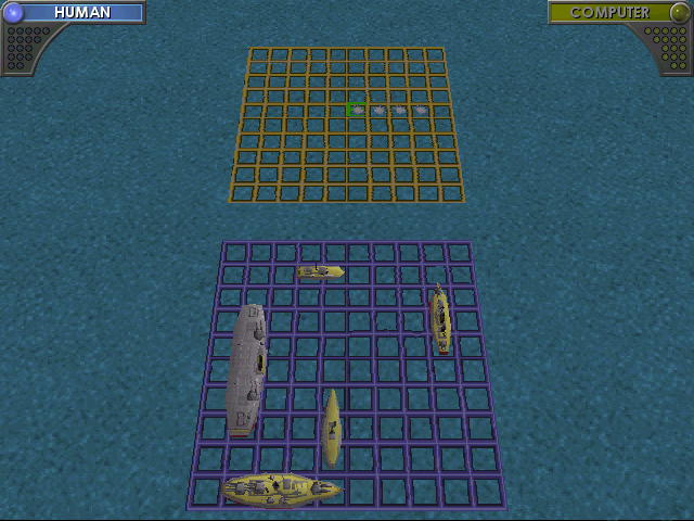 Battleship: Surface Thunder (Windows) screenshot: This is the start of a game on Classic / Volley mode. The player gets to fire four shots before the computer can reply