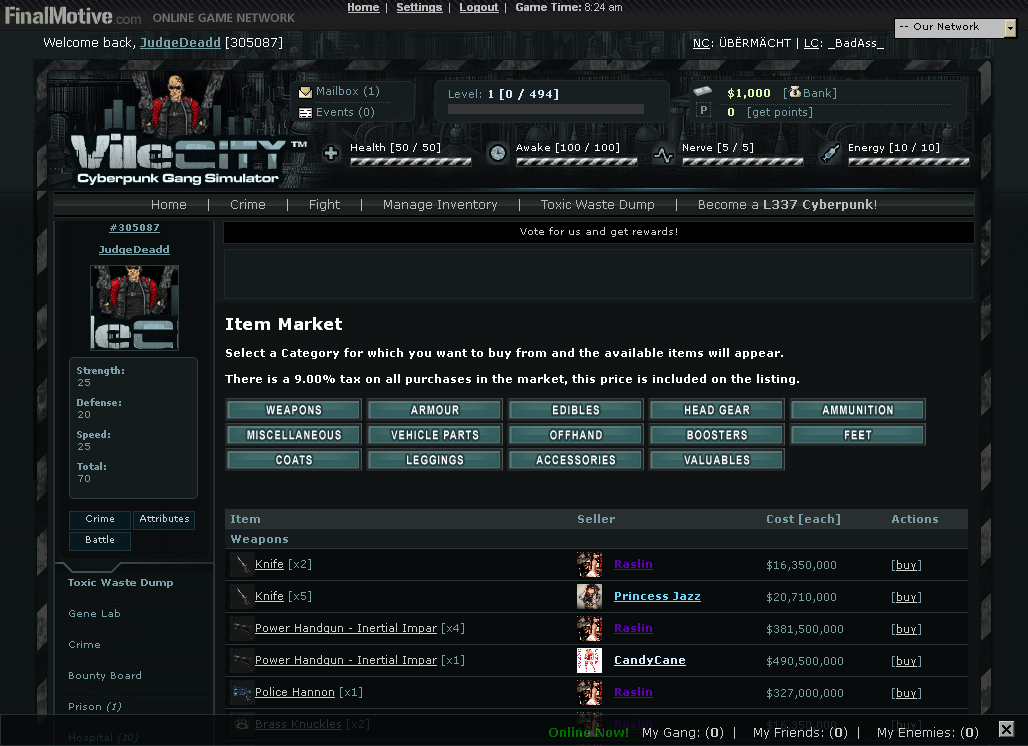 Vile City: Cyberpunk Gang Simulator (Browser) screenshot: Item Market, where players buy and sell items