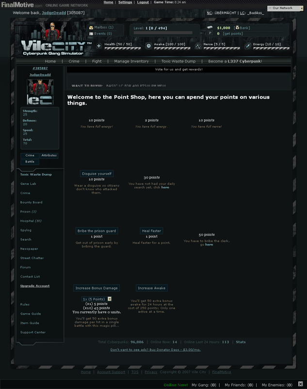 Vile City: Cyberpunk Gang Simulator (Browser) screenshot: Point Shop