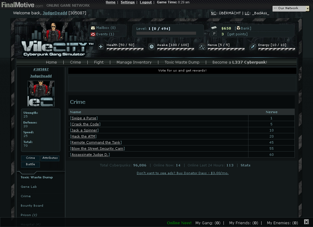 Vile City: Cyberpunk Gang Simulator (Browser) screenshot: Choose a crime to commit