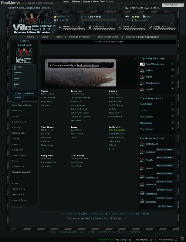 Vile City: Cyberpunk Gang Simulator (Browser) screenshot: The main screen, as shown to a brand-new player.