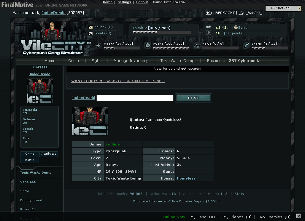 Vile City: Cyberpunk Gang Simulator (Browser) screenshot: Our player profile