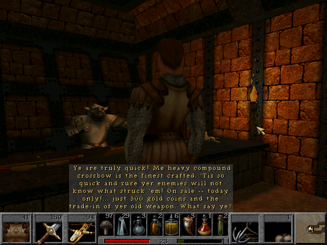 King's Quest: Mask of Eternity (Windows) screenshot: You venture into the Underground Land of the Gnomes. Taking to a gnomish weapon seller