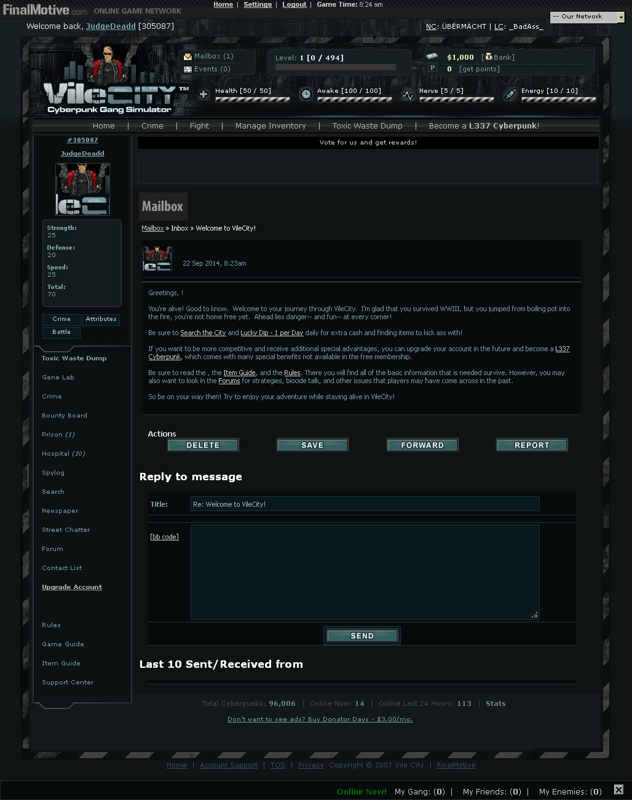 Vile City: Cyberpunk Gang Simulator (Browser) screenshot: Our first message in the mailbox