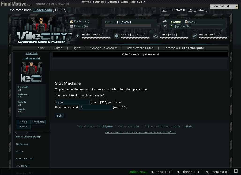 Vile City: Cyberpunk Gang Simulator (Browser) screenshot: One of the gambling minigames: slot machine