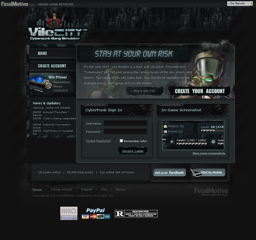 Vile City: Cyberpunk Gang Simulator (Browser) screenshot: Home page