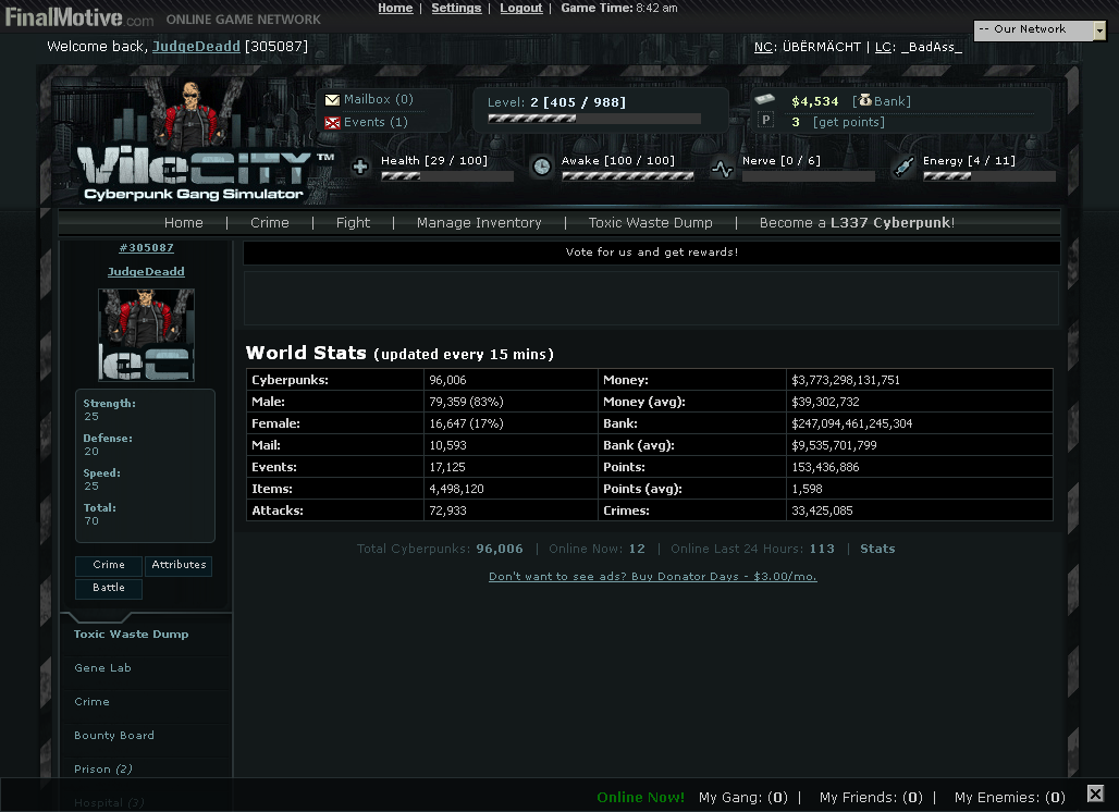 Vile City: Cyberpunk Gang Simulator (Browser) screenshot: Game statistics