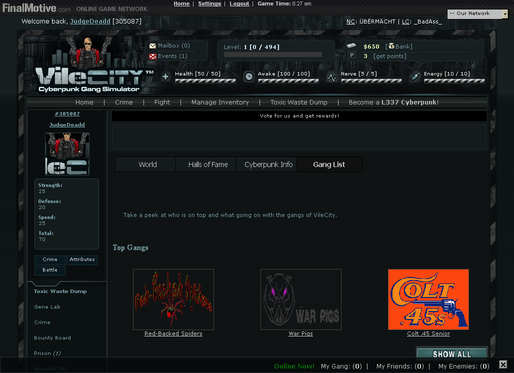 Vile City: Cyberpunk Gang Simulator (Browser) screenshot: Most powerful gangs of future L.A.