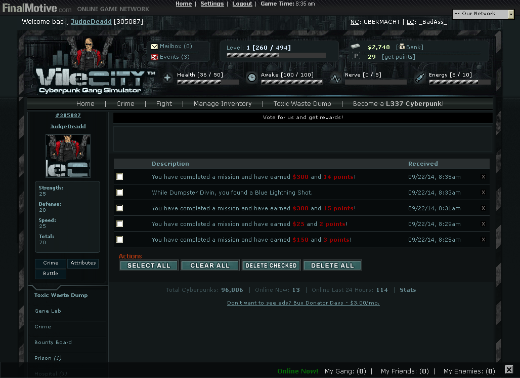 Vile City: Cyberpunk Gang Simulator (Browser) screenshot: Event list