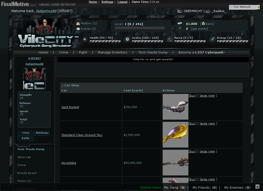 Vile City: Cyberpunk Gang Simulator (Browser) screenshot: Vehicle shop