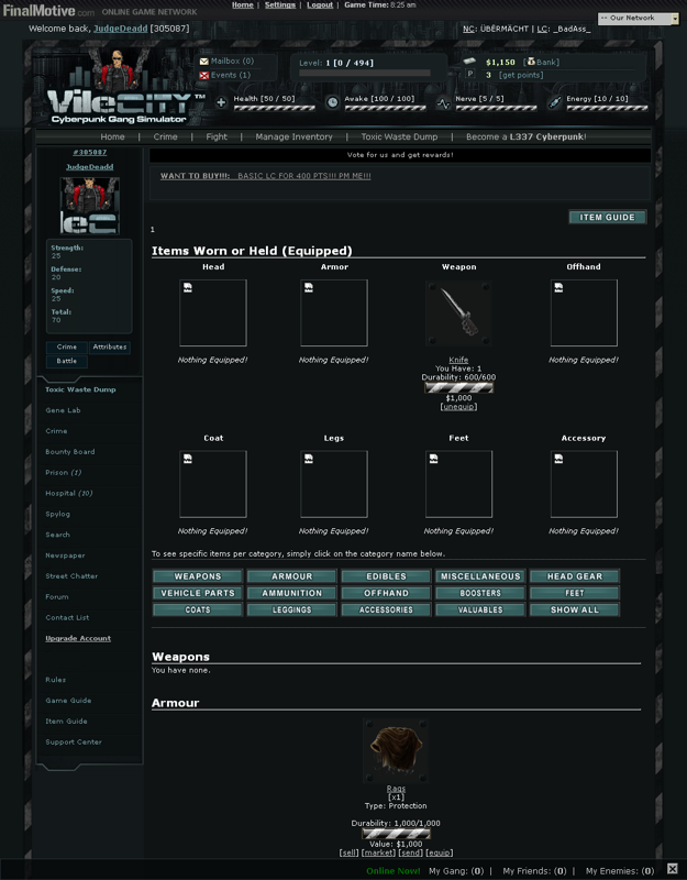 Vile City: Cyberpunk Gang Simulator (Browser) screenshot: Inventory