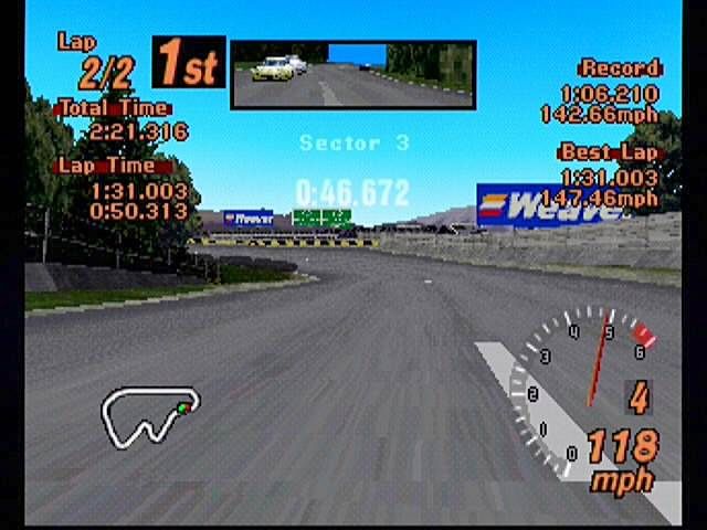 Gran Turismo 2 (PlayStation) screenshot: Nothing but open road. Unlike many racing games, the first person view is just as useful as the third person. In fact, you get more sensation from the dips and banks in the roads in this mode.