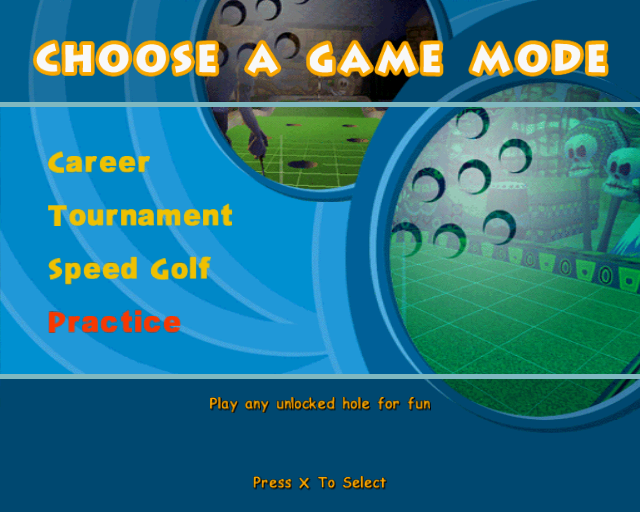 Crazy Golf: World Tour (PlayStation 2) screenshot: There are four ways to play. Career, Tournament and Speed modes all start at the Western themed golf course. Hole one of that course is also the first practice hole