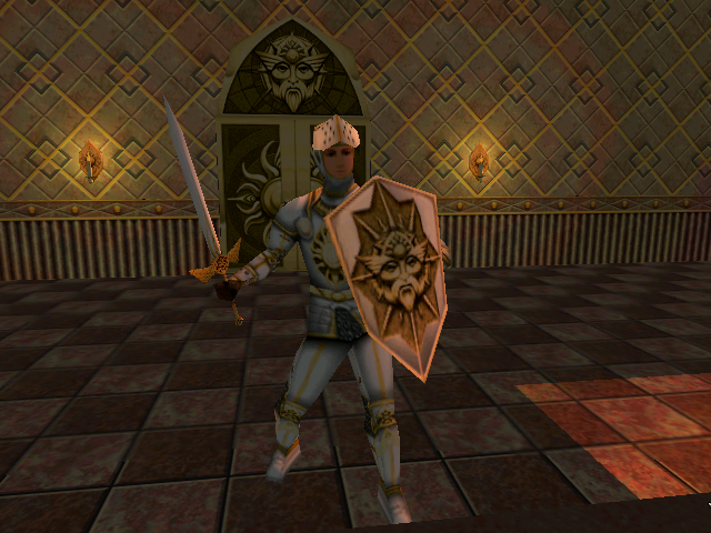 King's Quest: Mask of Eternity (Windows) screenshot: Nearing the game's end. Connor is posing with an impressively-looking shield. I wonder where I've seen it before?..
