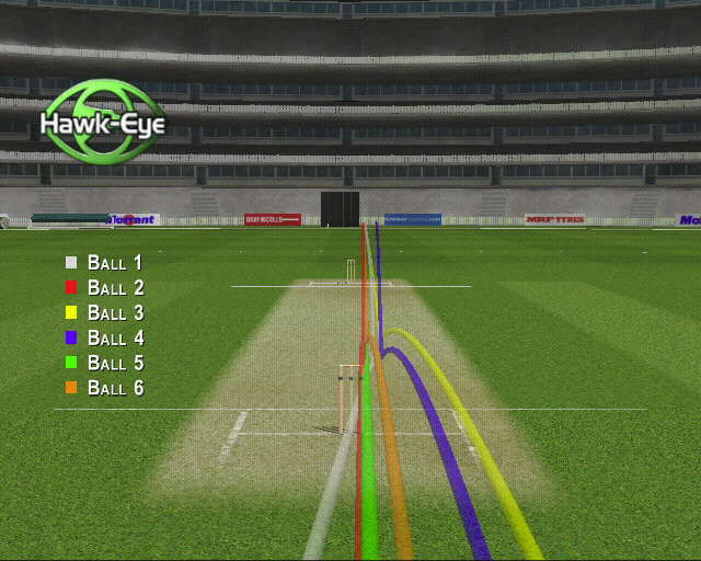 Brian Lara International Cricket 2005 (PlayStation 2) screenshot: At the end of an over the game shows the line of all the balls bowled
