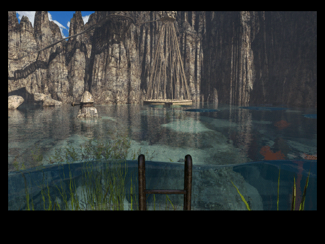 Riven: The Sequel to Myst (Windows) screenshot: Pre-rendered water is sparsely animated