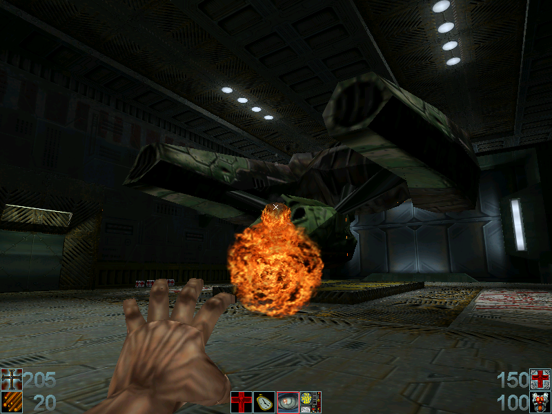 Requiem: Avenging Angel (Windows) screenshot: One of the later levels in the game. You've found a strange-looking spaceship-lookalike. For some reason, you get angry and cast Brimstone on it