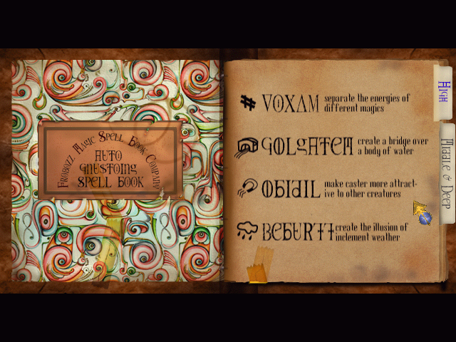 Zork: Grand Inquisitor (Windows) screenshot: Your spellbook. Beautiful design, indeed. You'll gradually accumulate quite a lot of exotic spells!