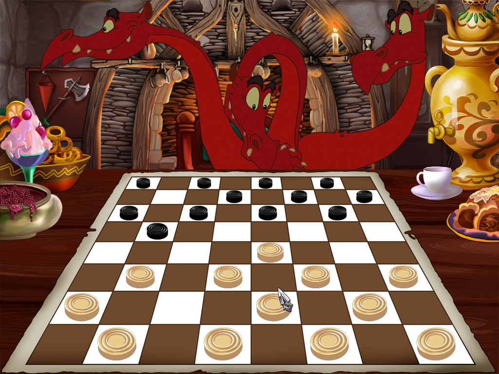 Ilya Muromets i Solovey Razboynik (Windows) screenshot: Playing giveaway checkers with Zmey Gorynych - the three-headed dragon
