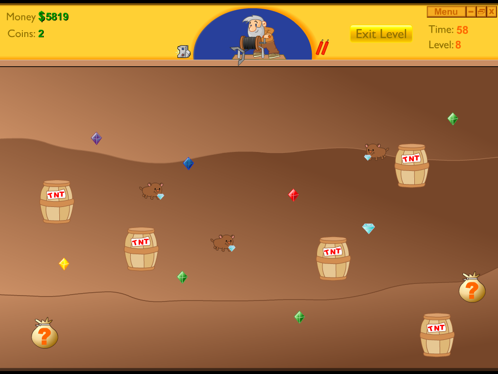 Gold Miner (Windows) screenshot: No limits game: Level 8: a lot of diamonds