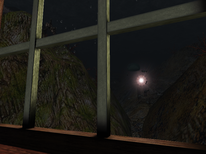 Real Myst (Windows) screenshot: Underwater exploration! Glowing lights, bubbles, fishes rushing...