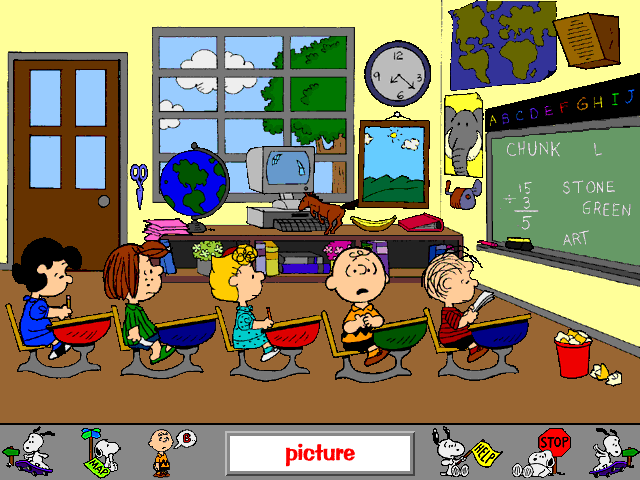 Get Ready for School, Charlie Brown! (Windows) screenshot: Class room - interactive animation elements
