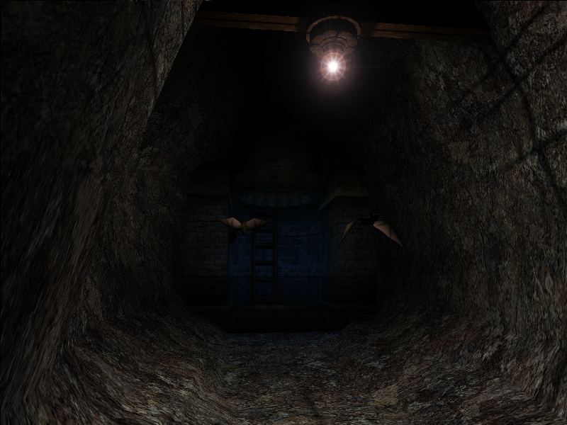 Real Myst (Windows) screenshot: Exploring underground tunnels. Bats fly straight at you...