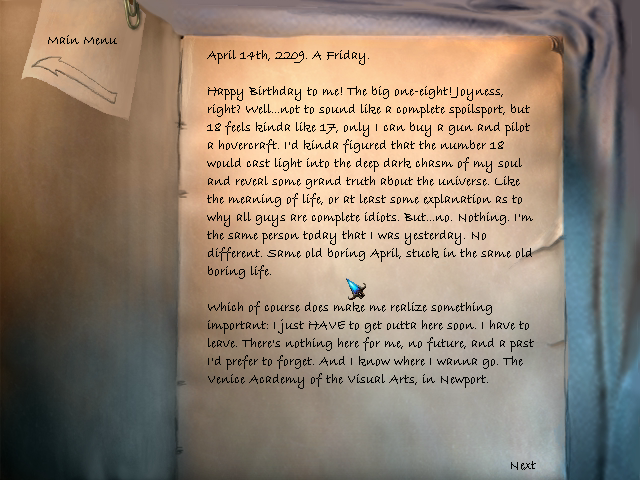 The Longest Journey (Windows) screenshot: April writes down her impressions and just random thoughts. It's not a bad read, overall
