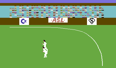 Allan Border's Cricket (Commodore 64) screenshot: The second ball hit out - the fielder gives chase