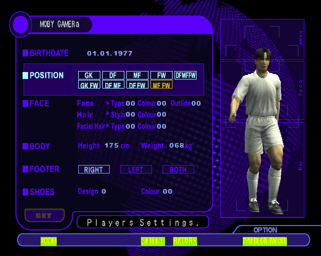 International Superstar Soccer (PlayStation 2) screenshot: The Create Player option. This sets age and appearance. The next screen assigns skill points before t he player is registered on the third screen