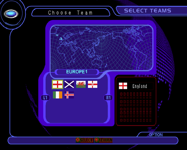 International Superstar Soccer (PlayStation 2) screenshot: Team Selection. L1 / R1 swap between the geographical areas