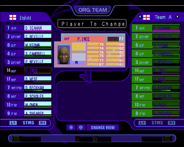 International Superstar Soccer (PlayStation 2) screenshot: Team Organisation. Players within an international team can be changed. No photorealistic likenesses in this game, if the player's name was not there it would be hard to tell that this is Paul Ince