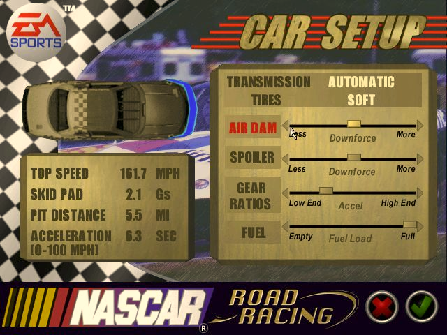 NASCAR Road Racing (Windows) screenshot: The car's configuration menu