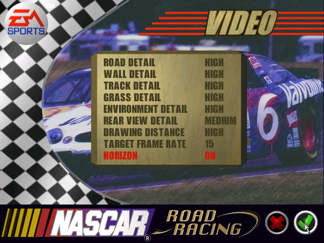 NASCAR Road Racing (Windows) screenshot: In the video options the player can set the detail level for many separate items. Settings range from None, through Low and Medium to High. Max framerate is 30