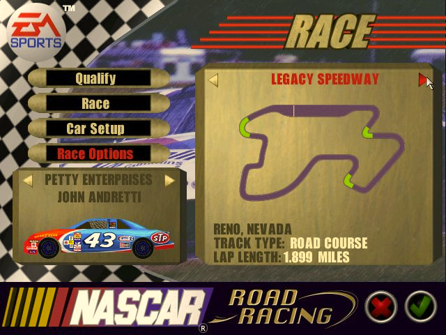 NASCAR Road Racing (Windows) screenshot: Preparing for a race. Here the player selects the track, the car, and adjusts the car's configuration