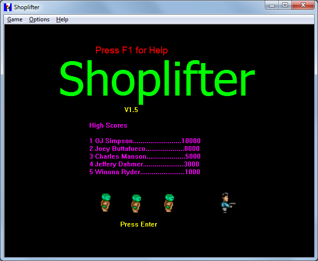 Shoplifter (Windows) screenshot: Title Screen and pseudo-High Scores