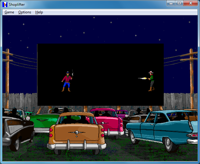 Shoplifter (Windows) screenshot: Introduction is seen in car movie theater
