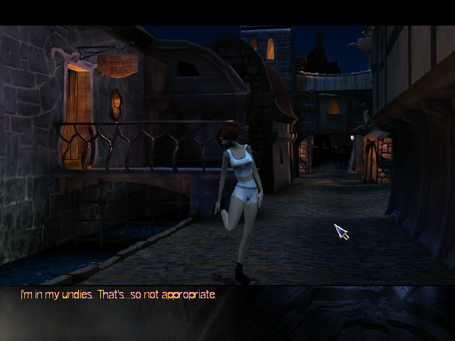 The Longest Journey (Windows) screenshot: April walks through this medieval-looking quiet town in her underwear