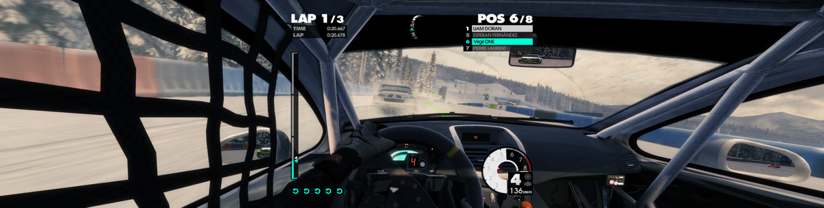 DiRT 3 (Windows) screenshot: All the three mirrors are functional, not that you would have time to check them. (Eyefinity mode)