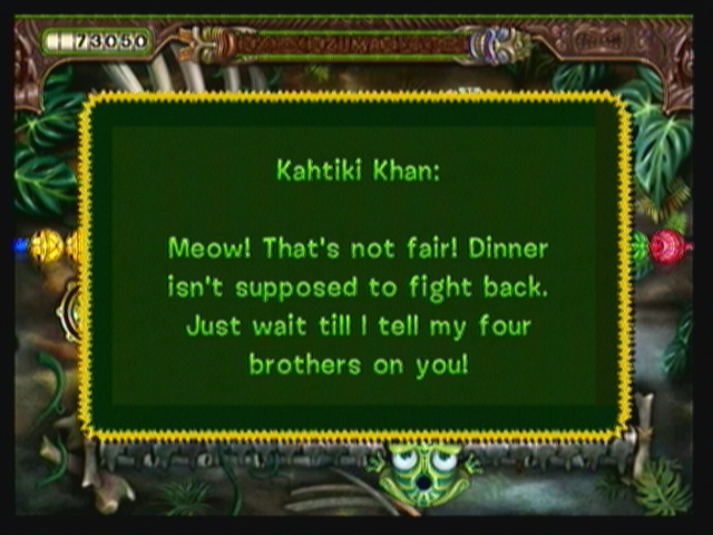 Zuma's Revenge! (Zeebo) screenshot: Bosses will interact with the player. Here Kahtiki Khan says his final words.