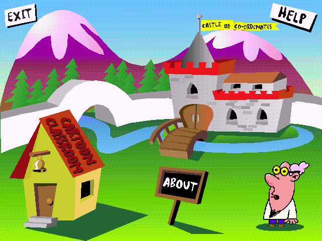 Multimedia Algebra (Windows) screenshot: This is the main menu. There's not much to it, the classroom is where the bulk of the work is done, the castle is purely about practicing co-ordinates, that leaves just help, credits and exit.