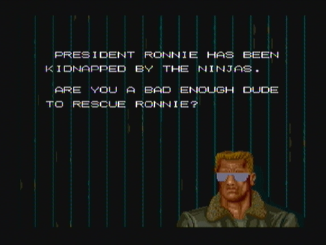 Bad Dudes (Zeebo) screenshot: If Duke Nukem isn't bad enough to do it himself, how can I be?