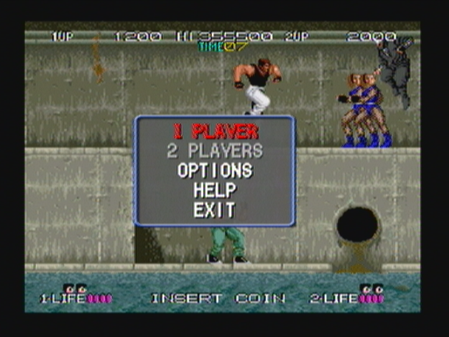Bad Dudes (Zeebo) screenshot: The only thing added to this version are these pop up menus. Here, for instance, you select number of players, access the options menu, the help screen or exit the game.
