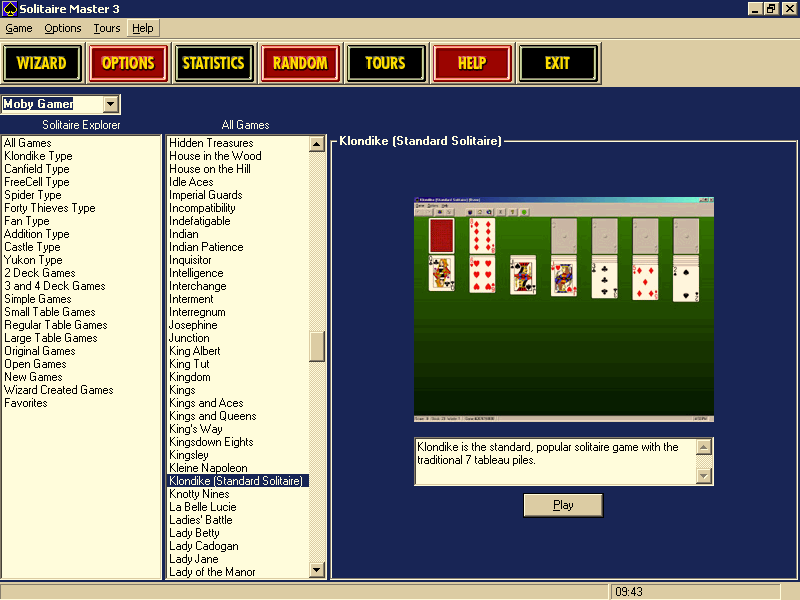 Solitaire Master 3 (Windows) screenshot: The game's interface has games listed in alphabetical order. Games are also grouped by type