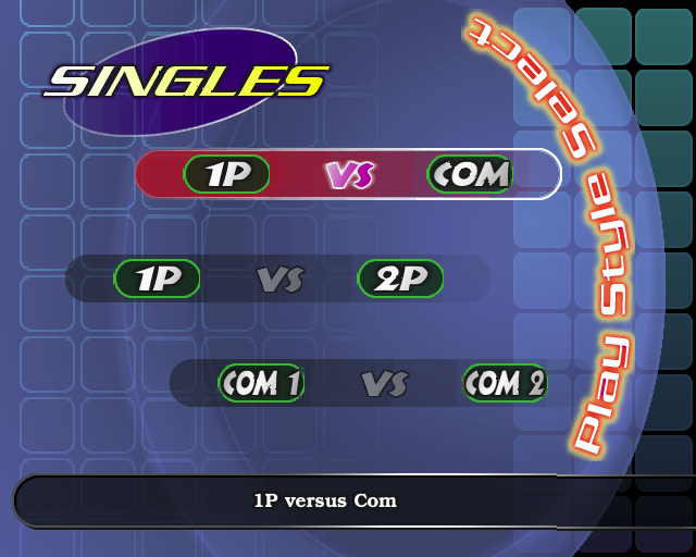 European Tennis Pro (PlayStation 2) screenshot: Here the player has selected Exhibition Match from the main menu and has chosen a Singles match. these are the kind of match that are available