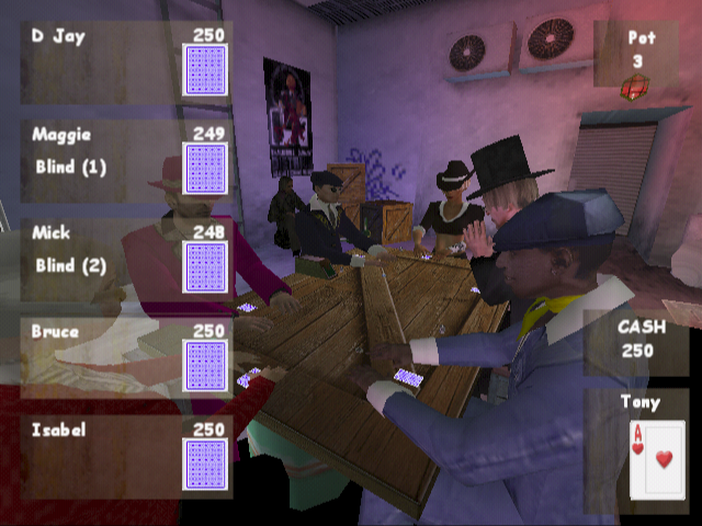 Poker Masters (PlayStation 2) screenshot: Playing in The Alleyway in Career Mode. This screenshot is taken part way through the first deal.