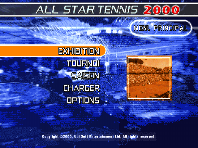All Star Tennis 2000 (PlayStation) screenshot: Main menu. French version.